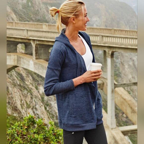 ATHLETA BLISSFUL HOODED WRAP BLUE/GRAY WOMENS XS - Picture 2 of 14